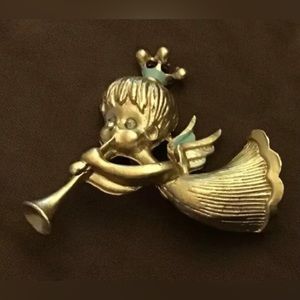 Vintage Brooch Pin Angel Fairy Trumpet Rhinestone Eyes Gold Tone Blue Green
